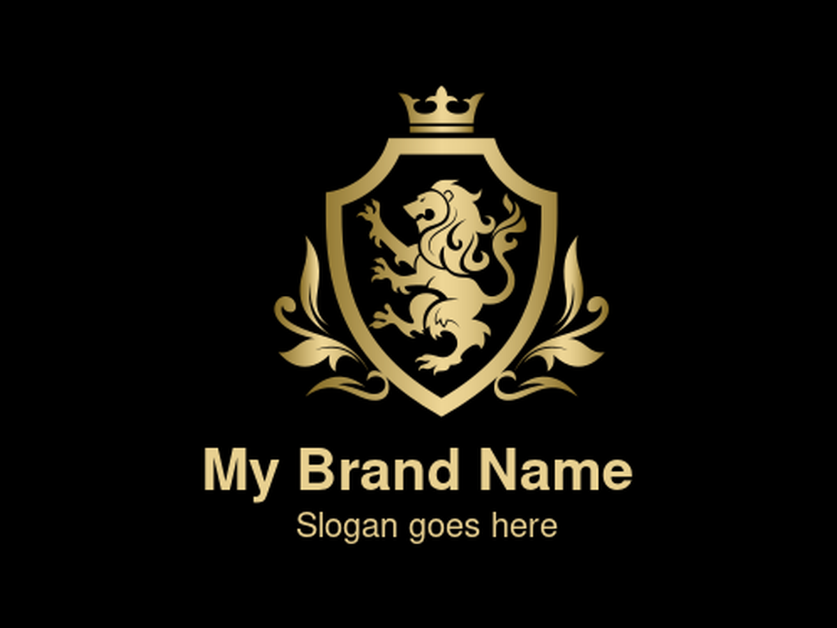 Opulent Gold Shield with Crowned Lion and Ornate Flourish Symbol Logo Design for Regal Luxury and Noble Heritage Branding